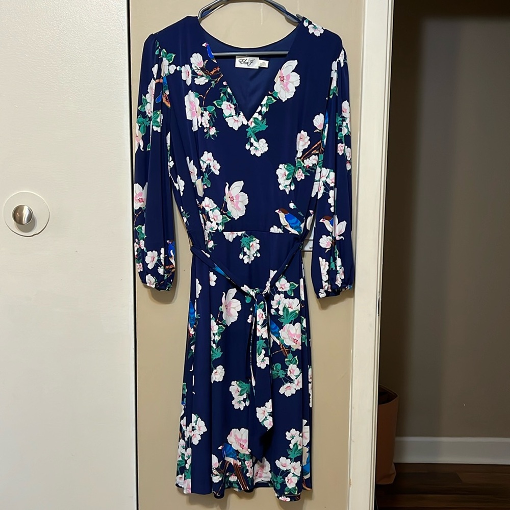 Eliza J Blue Floral/Bird Print Faux Wrap Tie Dress